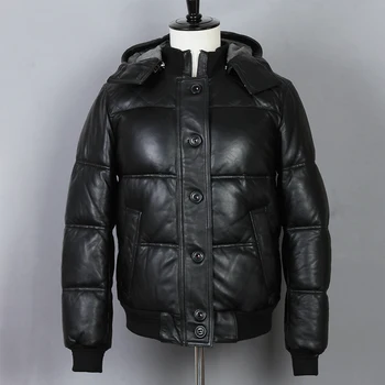 

Winter New Men's Genuine Jacket Detachable Hooded Thick Sheep Real Leather Down Clothing