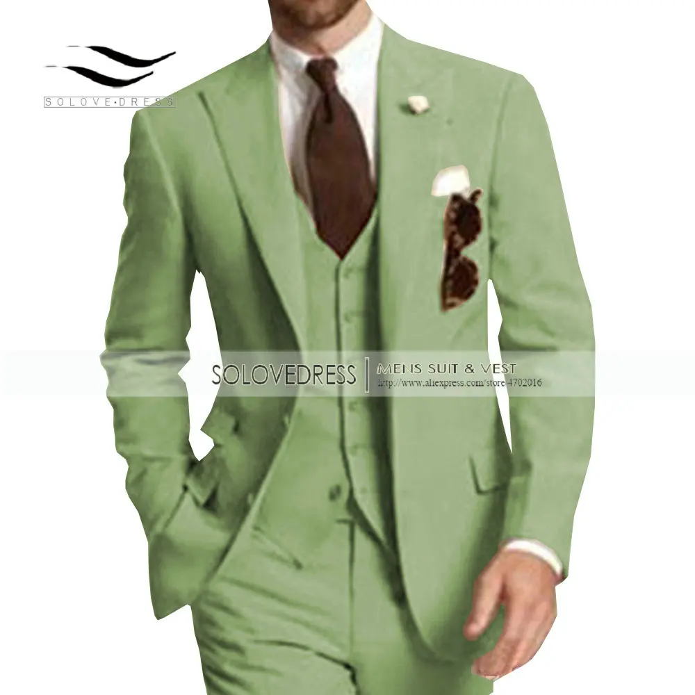 Модный мужской костюм из 3 предметов с v-образным вырезом, смокинги с отворотом для отдыха, мужские свадебные костюмы(пиджак+ брюки+ жилет - Цвет: Olive Green