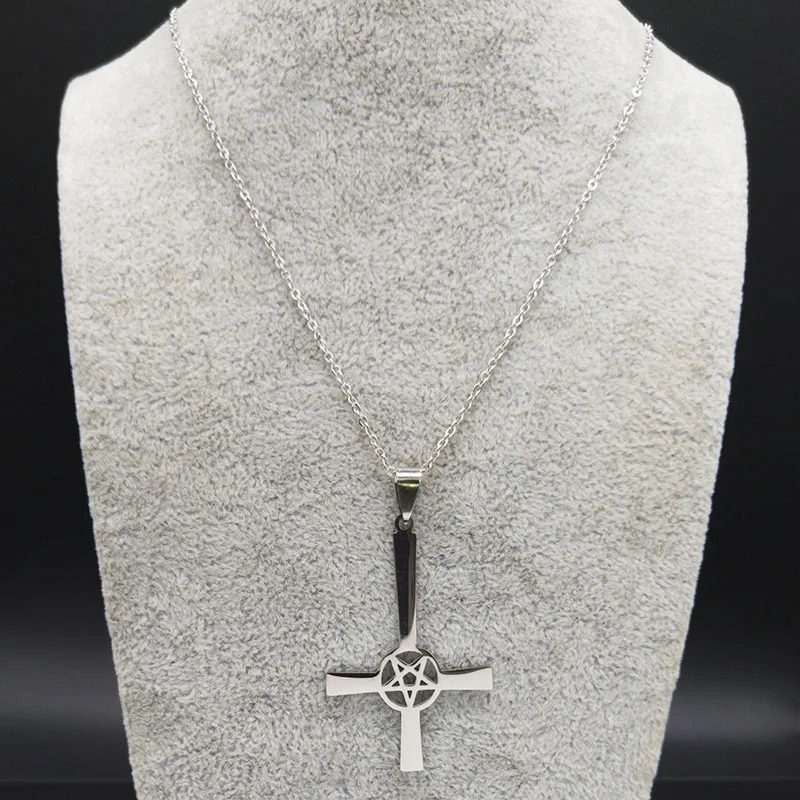 Inverted Cross Occult Pentagram Stainless Steel Chain Necklace Women Satanic Gothic Satan Necklace Jewelry colgante N642S03