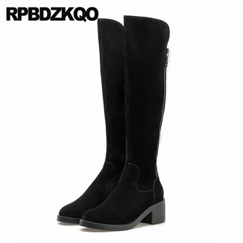 

fur block chunky suede high heel fall black genuine leather thick autumn fashion shoes round toe women boots winter 2019 knee