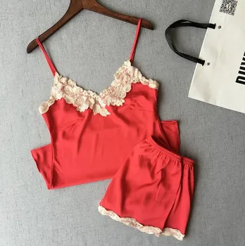 

European and American foreign trade pajamas women's summer silk pajamas sexy women's V-neck SILK CHIFFON SILK home clothes set