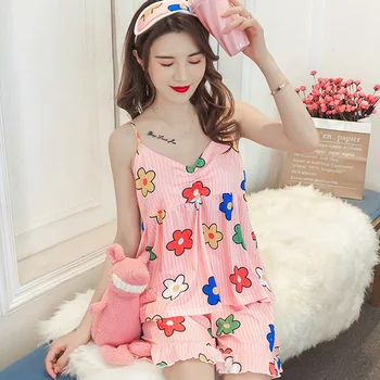 

Women Pajama Sets Summer Cotton Print Sling Chest Pads Cute Sleepwear Sweet Ladies Two-piece Home Service Casual Sleepwear