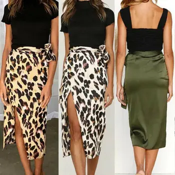 

Women Midi Skirt Summer Elegant High Waist Leopard Print Bandage Ladies Party Street Split Long Skirts