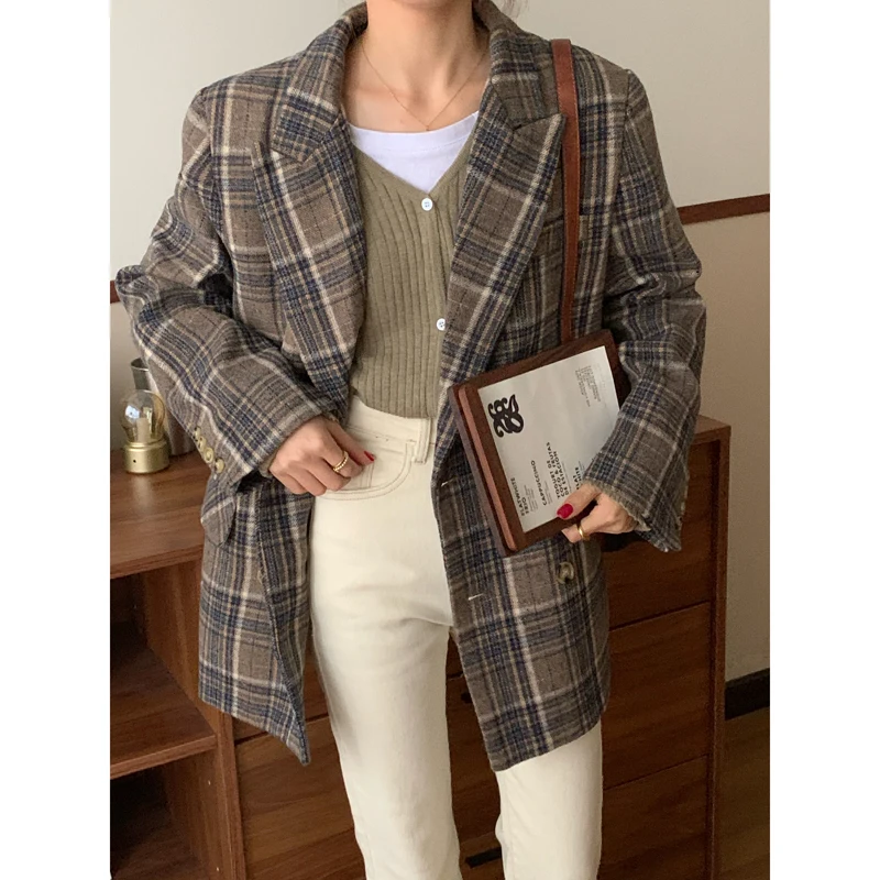 

Autumn And Winter Woolen Plaid Suit Jacket Women Korean Style Loose Lapel Commuter Top