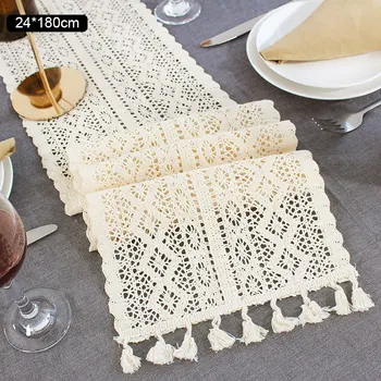 

Crochet Hollow Lace Table Runner Tassels Beige 100% Cotton Wedding Decor Tablecloth Nordic Romance Table Cover Coffee Runners