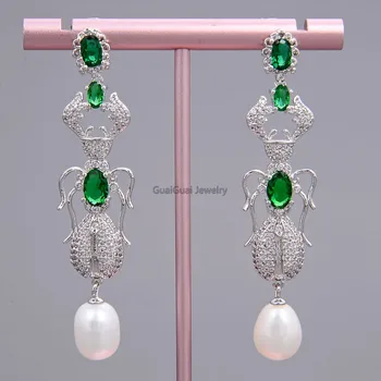 

GuaiGuai Jewelry Teardrop White Sea Shell Pearl Green Cz Pave Insect Earrings