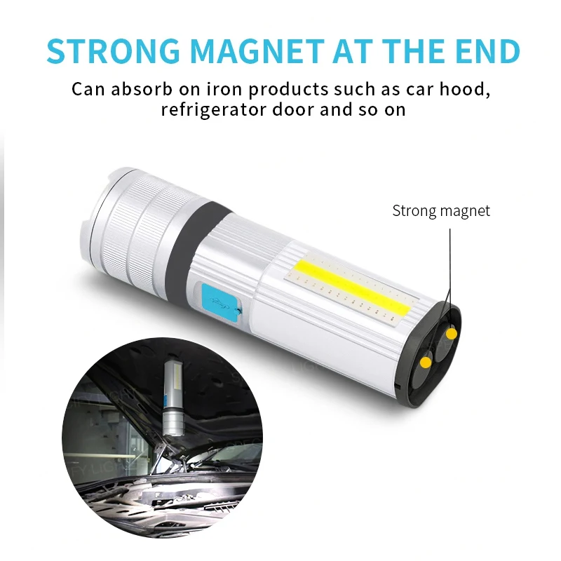 High Bright COB Flashlight Zoomable Multifunction Waterproof Lamp Focus USB Charging Power Bank 7 Switch Mode with Strong Magnet (4)