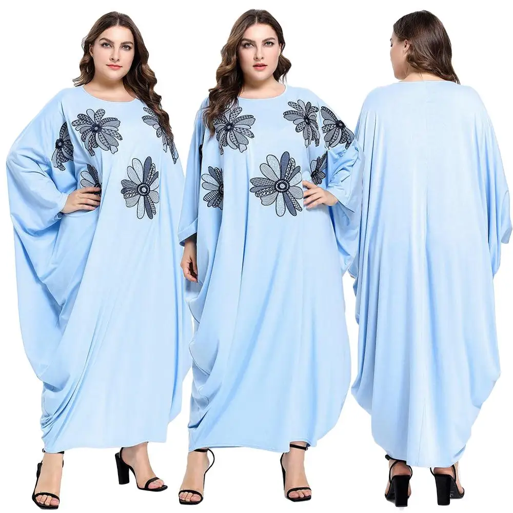 Платье большого размера abaya с рукавом "летучая мышь" фараша кафтан Цветочная вышивка полный макси платья Рамадан джилбаб мусульманские, исламские женщины платье