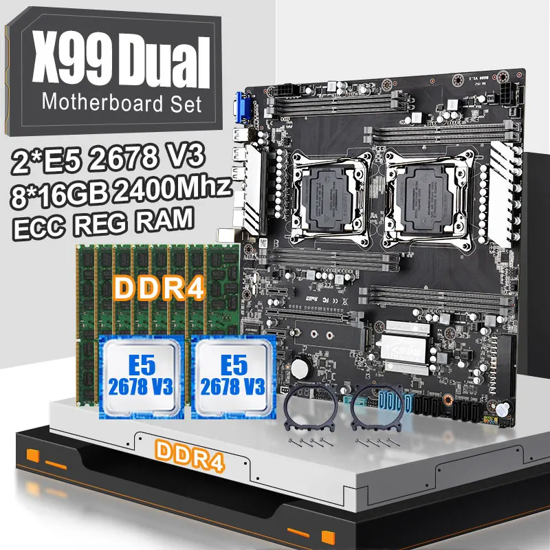 Комплект материнской платы X99 с 2 процессорами XEON E5 2678V3 и 8*16 Гб ddr4 ecc reg 2400 МГц ОЗУ