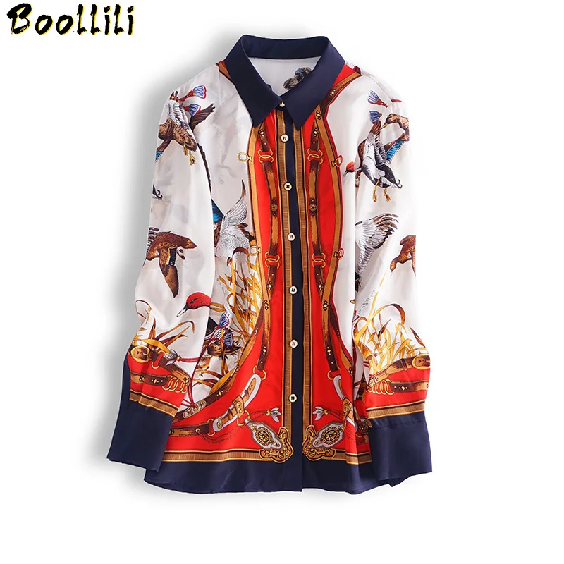 

Boollili Real Silk Shirt Womens Tops and Blouses Korean Vintage Blouse Women Spring Autumn Print Blusas Mujer De Moda 2020