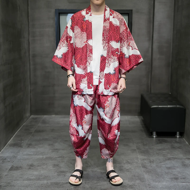 

Japan Style Men's Set Kimono Shirts And Shorts 2 Pieces Crane Printed 3/4 Sleeve Summer Streetwear Oversized Clothing Man XXXXXL
