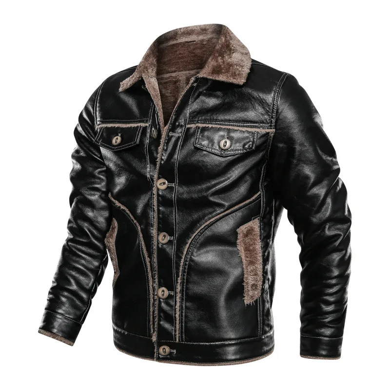 

Autumn & Winter Men Fold-down Collar Brushed And Thick Fur Plus-sized Pu Business Leather Jacket