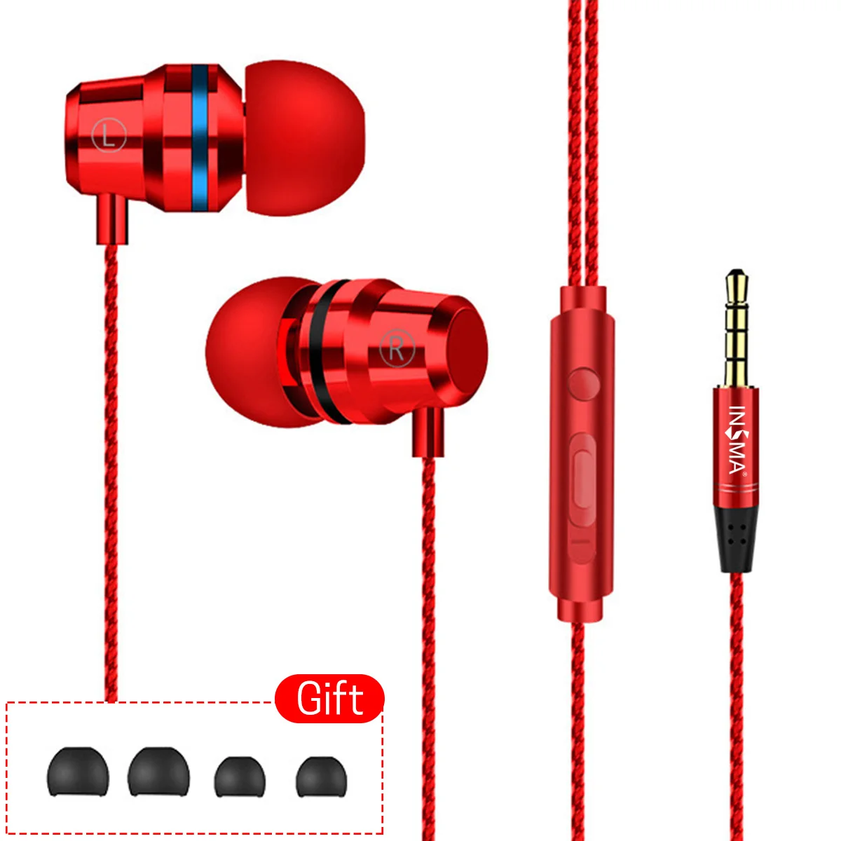 INSMA 3,5 мм в ухо проводные наушники стерео Спортивная гарнитура 5 цветов с микрофоном для iPhone для Xiaomi телефон компьютер - Цвет: Красный