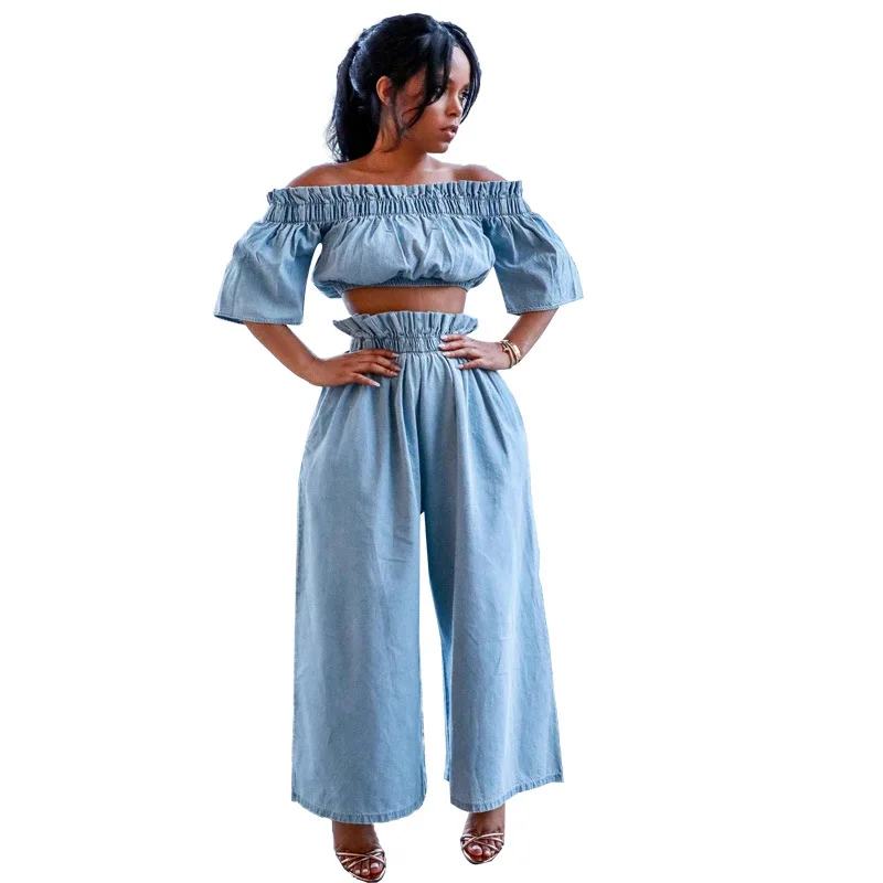 

Fashion 2pcs Women Sweatsuit Set New Exposed Navel Ruffled Short-sleeved Trousers Denim Suit Female Two Piece Pants Set Jeans