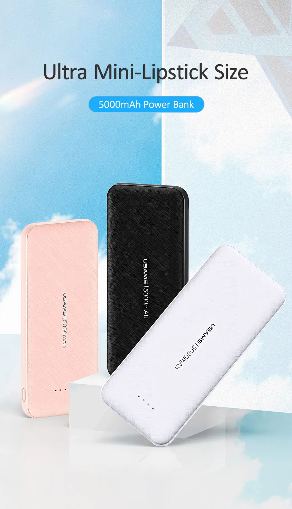 USAMS 5000mAh мини банк питания портативное зарядное устройство двойной вход быстрая зарядка банк питания для Xiaomi iPhone внешний аккумулятор повербанк