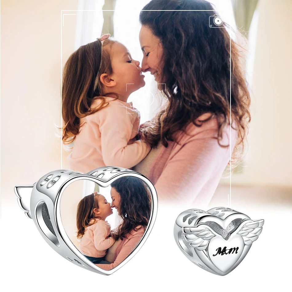 

ELESHE New Custom Photo Charms 925 Sterling Silver Classic Angel Wings Heart Bead Fit Original Bracelet DIY Jewelry Making