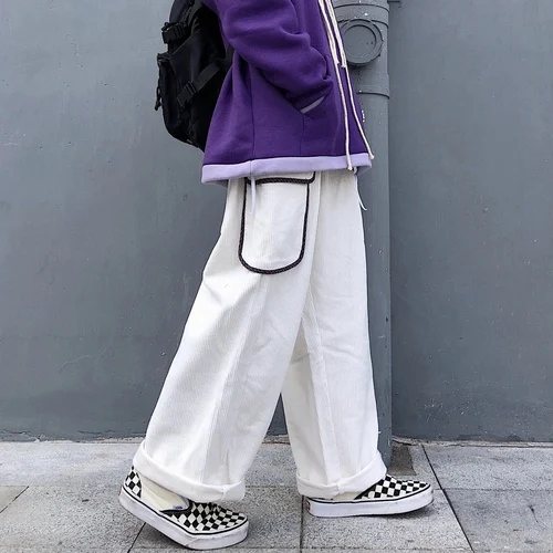 Белый Уличная одежда Harajuku, вельветовые фиолетовые белые эластичные штаны с высокой талией, Свободные мешковатые брюки-карго с карманами, спортивный костюм, корейский широкий - Цвет: Белый