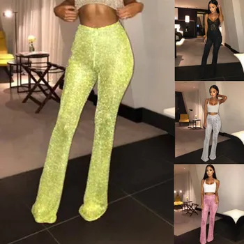 

Women Bell Bottom Long Pants Sequin High Waisted Floor Length Clubwear Party Knit Trousers Solid Flare Pants