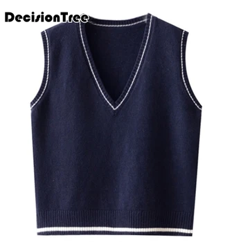 

2020 women knitted waistcoat v-neck preppy style school girls sleeveless loose short pullover tops female outerwear sweater