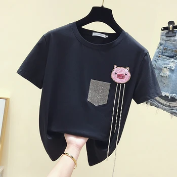 

Solid Color Bead Diamond T-shirt Industrial Tshirt Womans Short Sleeve T-shirts 2020 Summer New Black Tee T-shirt Women Tee Tops