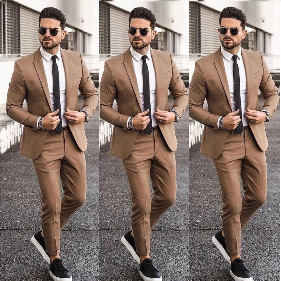 57 Elegant Cheap Khaki Men Suit Blazers For Party Prom 2 Pieces Jacket + Pants Groom Wedding Suits Notched Lapel Mens Tuxedos