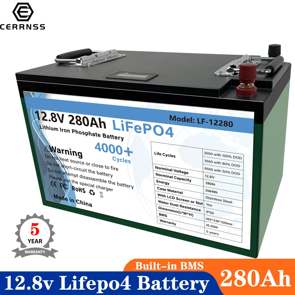 12v 280Ah Lifepo4 Battery Cells Built-in BMS Lithium Power Batteries Waterproof Rechargeable Battery Pack For Car VR EU No Tax