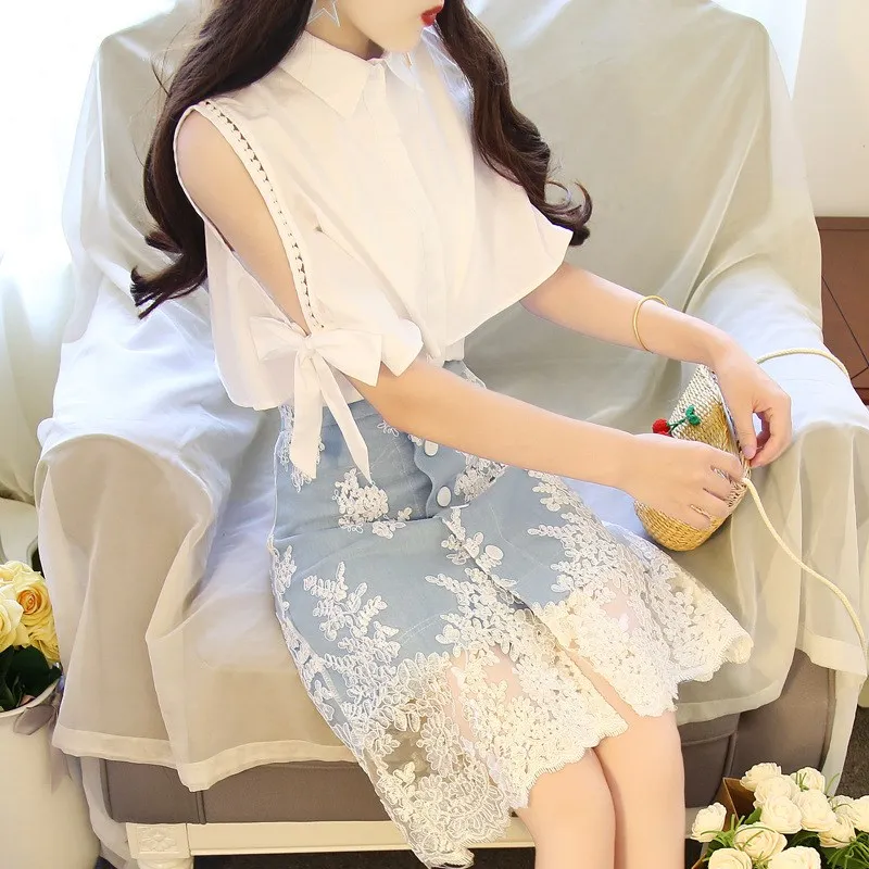 New Summer Women Embroidery Lace Skirt Set Sweet 2 Piece Half Sleeve Bowknot Shirts And Denim Midi Skirt Suit