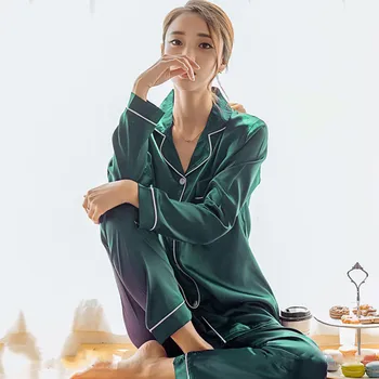

Women Satin Silk Pajamas Set Long Sleeve Solid V Neck Button Pockets Shirt Tops Long Pants Set Sleepwear