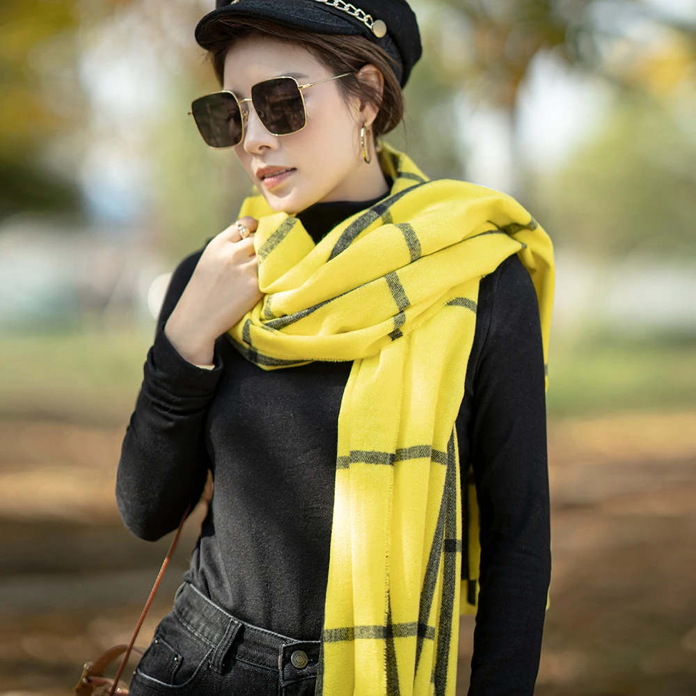 Популярный женский зимний кашемировый шарф желтого цвета, Модный женский теплый шарф из пашмины, кашемировый роскошный брендовый шарф, зимний клетчатый шарф