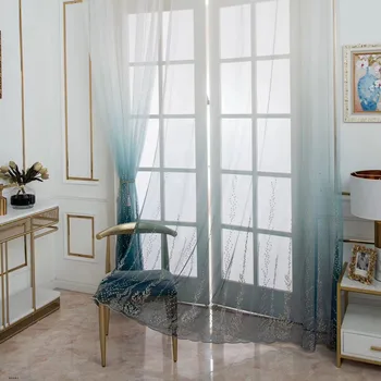 

Blue Luxury embroidered Gradient Tulle Curtains for Living Room Grey Tree Pattern Voile Fabrics Curtains for Bedroom S053&40