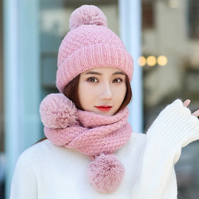 pink Комплект зимней шапки и шарфа для женщин, шерстяные вязаные шапки для девочек, плотные теплые шапки с помпонами, комплект шарфов, сохраняющий тепло - Цвет: pink