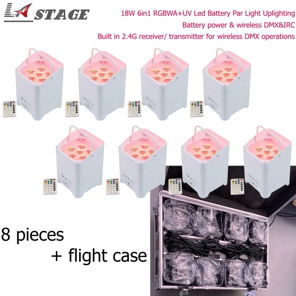 

Free Shipping 8pcs IN Road Case 6X18W RGBWA+UV DMX IR Battery Powered Uplight Wireless Dmx Led Par Light Party Stage Uplight