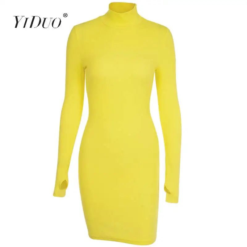 Neon Yellow YiDuo, 9 цветов, водолазка, длинный рукав, бодикон, платье карандаш, элегантное, для женщин, короткое, одноцветное, платья для девушек, сексуальное, зимнее, Vestidos - Цвет: Neon Yellow