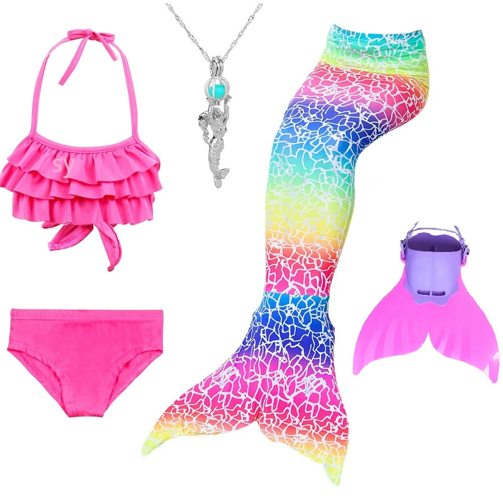 Купальный костюм с хвостом русалки для девочек, купальный костюм, костюм русалки, купальный костюм, можно добавить монофонический плавник, очки с гирляндой - Цвет: DH3248 set 2