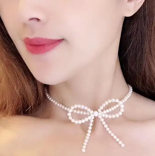 

jewelry 4-5mm freshwater pearl Bow Necklace, nearly round, 14K Gold filled