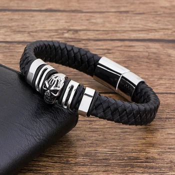 

High Quarlit Stainless Steel Magnet Charm Black Leather Bracelet For Men Skull Jewelry Accessories Punk Rock Bangles