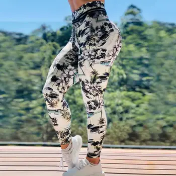 

3D Flower print stitching hip elastic high waist leggings Slim version fashion women's sports push up sports fitness leggings