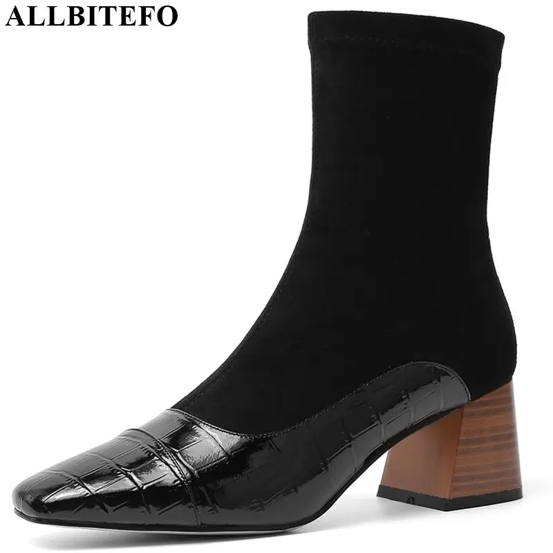 

ALLBITEFO High quality Microfiber+flock pure color women boots Square toe Autumn Winter ankle boots leisure fashion girl boots