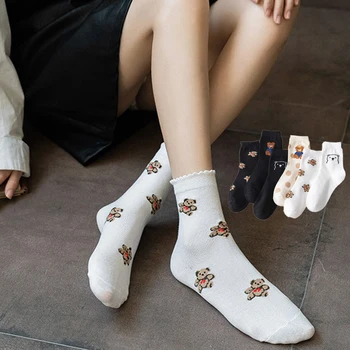 

1 Pair New Autumn Winter Products Soft Cute Bear Printed Cotton Socks Casual Comfortable Sweet Lovely Black White Women Socks