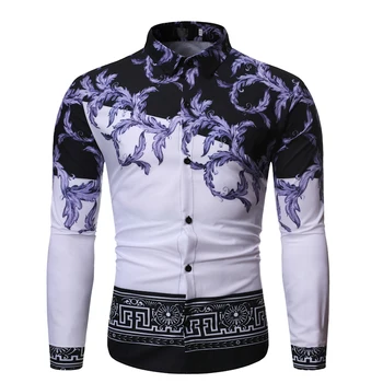 

Fashion Two-color Stitching Design, Simple Casual Color Matching Lapel Men's Long-sleeved Flower Shirt Chemise Homme Social Men