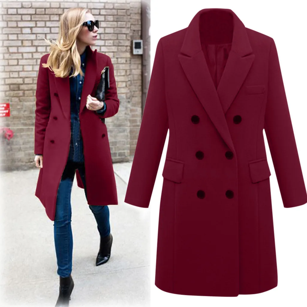 Осенне-зимнее женское пальто, повседневные шерстяные одноцветные куртки, женское элегантное двубортное длинное пальто для девушек размера плюс 5xl, пальто