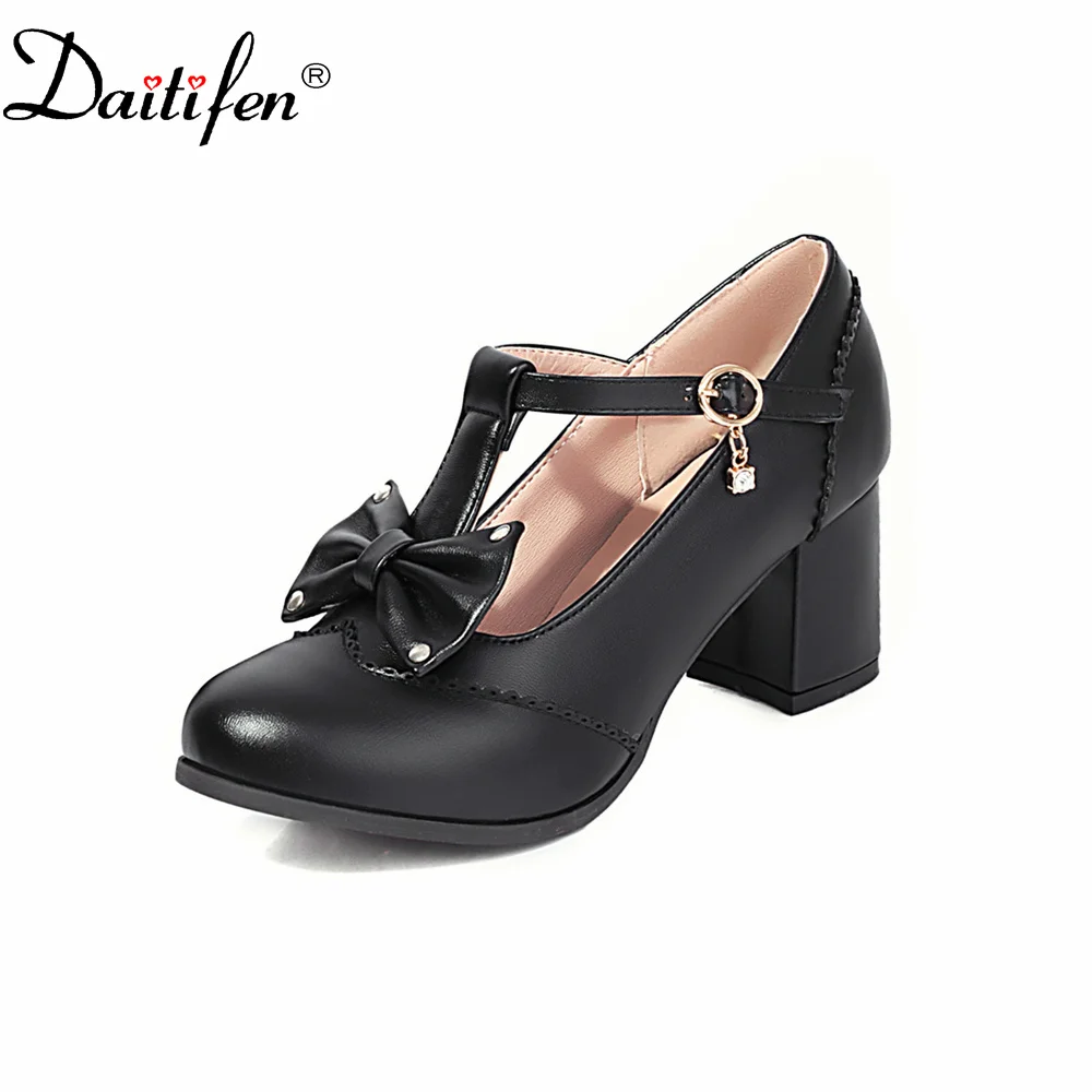 

Daitifen 2022 Lolita Square Heel Spring Autumn Shoes Fashion Woman T-strap Heels Pumps Bow-knot Mary Jeans Dress Shoes Crystal