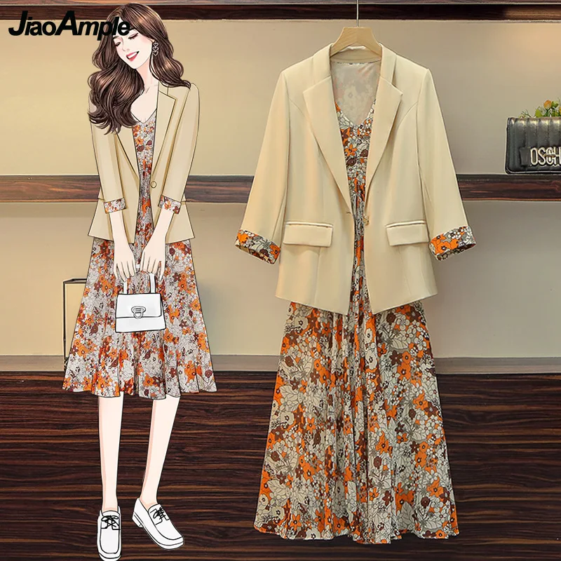 

Women's Two Pieces Dress Set 2021 Spring Summer Office Lady Graceful Print Vest Dress+Suit Coats Sets Fashion Chic Clothing