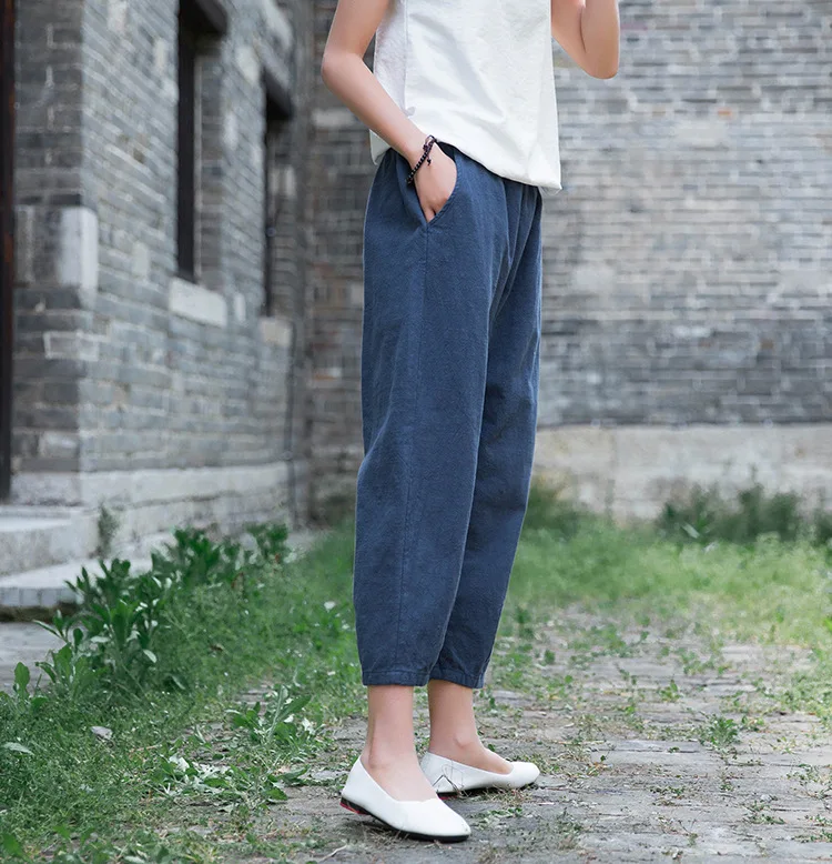 Johnature Loose Comfortable Solid Color Pockets Elastic Waist All-match Calf-length Pants 2020 Autumn New Women Straight Pants