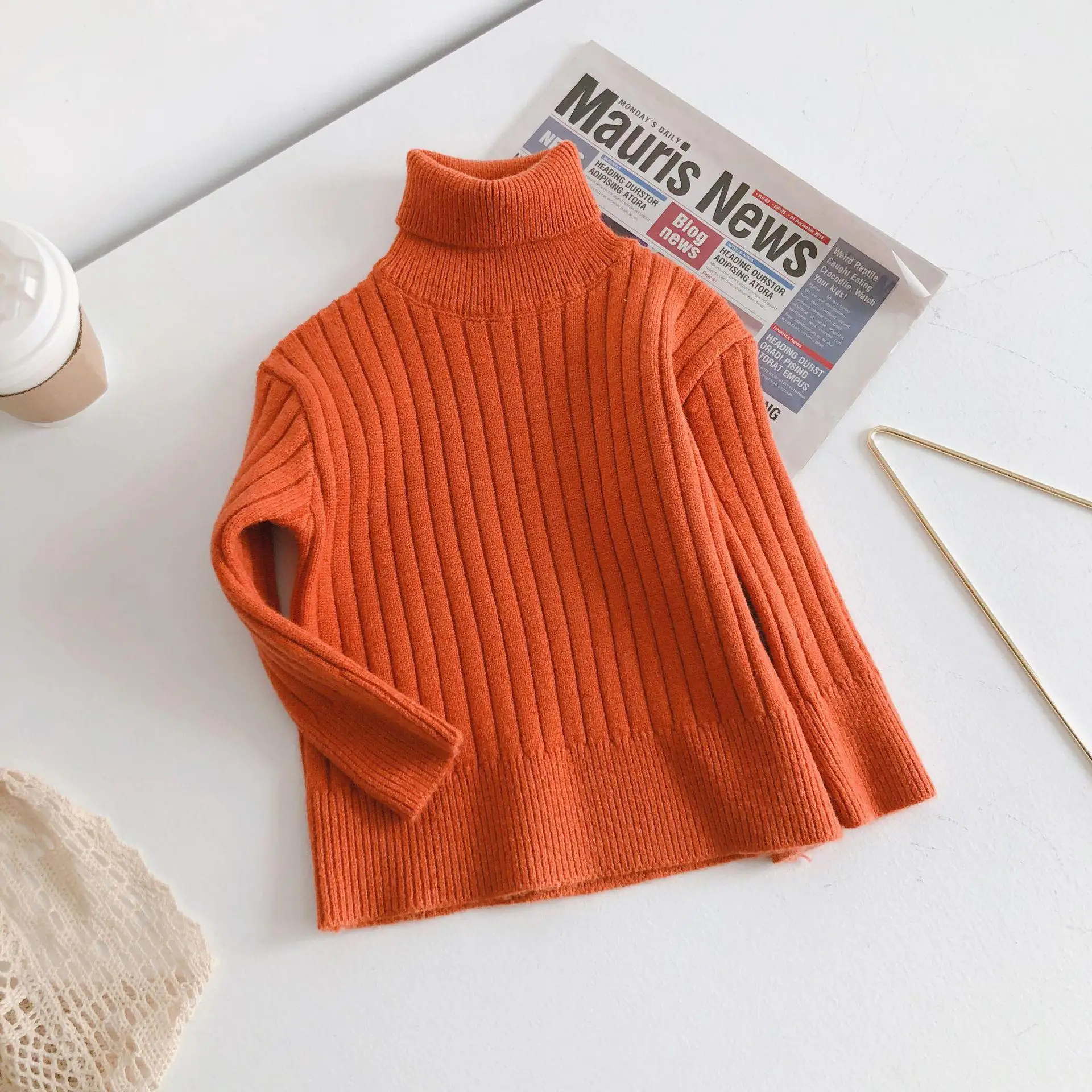 Зимний свитер для девочек новое поступление, корейский стиль, хлопок, чистый цвет, подходит ко всему, с высоким воротником, для милых модных маленьких девочек - Цвет: Оранжевый