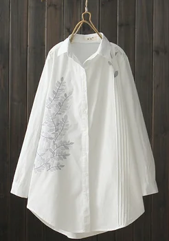 

2020 mid-length literary leaf embroidered shirt, long-sleeved top, lapel shirt, loose shirt, ladies shirt # Shirt # C006 #
