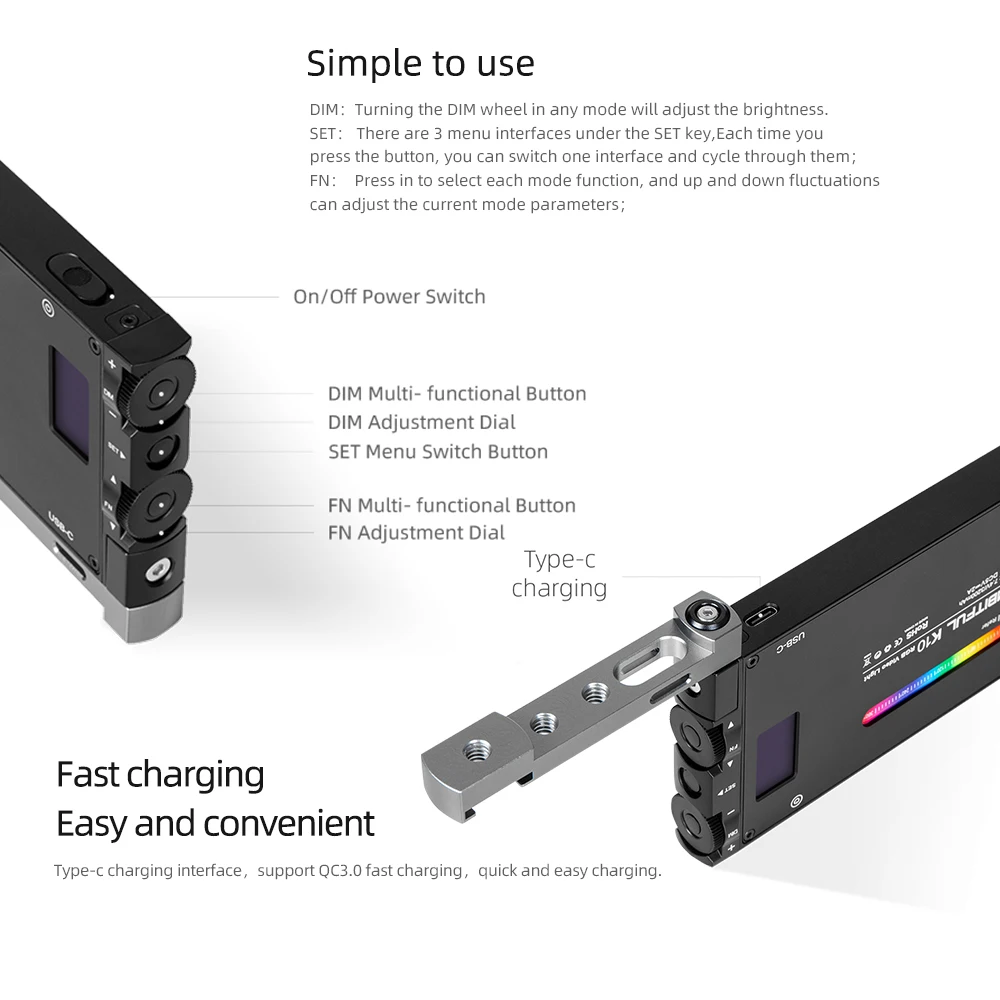 AMBITFUL K10 RGB 2500K-8500K Dimmable Full Color LED Video