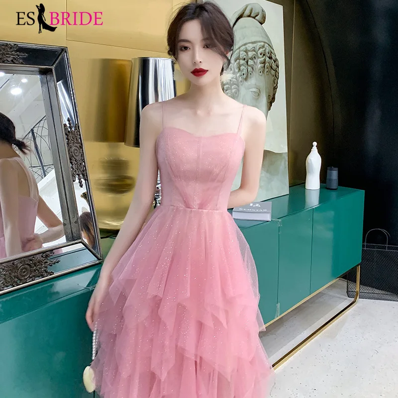 

Elegant Prom Dresses Short Pink A-Line Sweetheart Tiered Tulle Sexy Backless Evening Gowns Women Vestidos de Gala 2019 ES2833