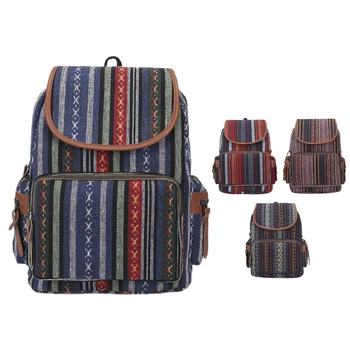 

Women National Style Canvas Wide Shoulder Strap Bucket Fashion Wild Simple Printing Travel Backpack