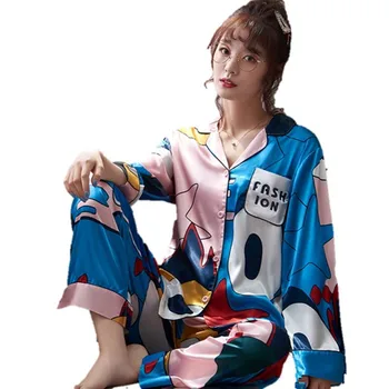 

New Silk Women Pajamas Set Cartoon Pijamas Long Sleeve Turn-down Collar Cardigan Womens Sleepwear Casual Soft Female Sleepwear